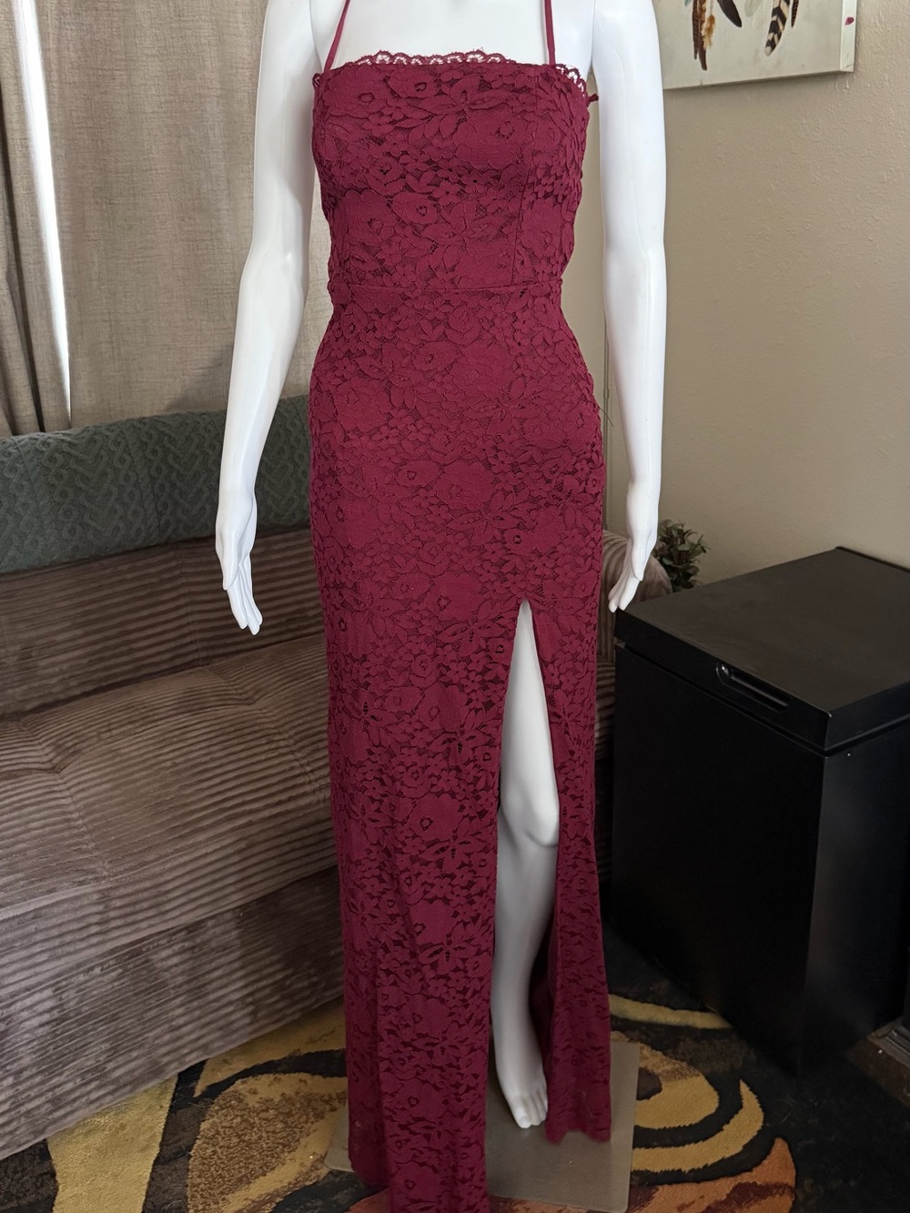 Lulus  Burgundy Lace Maxi Dress with Side Slit